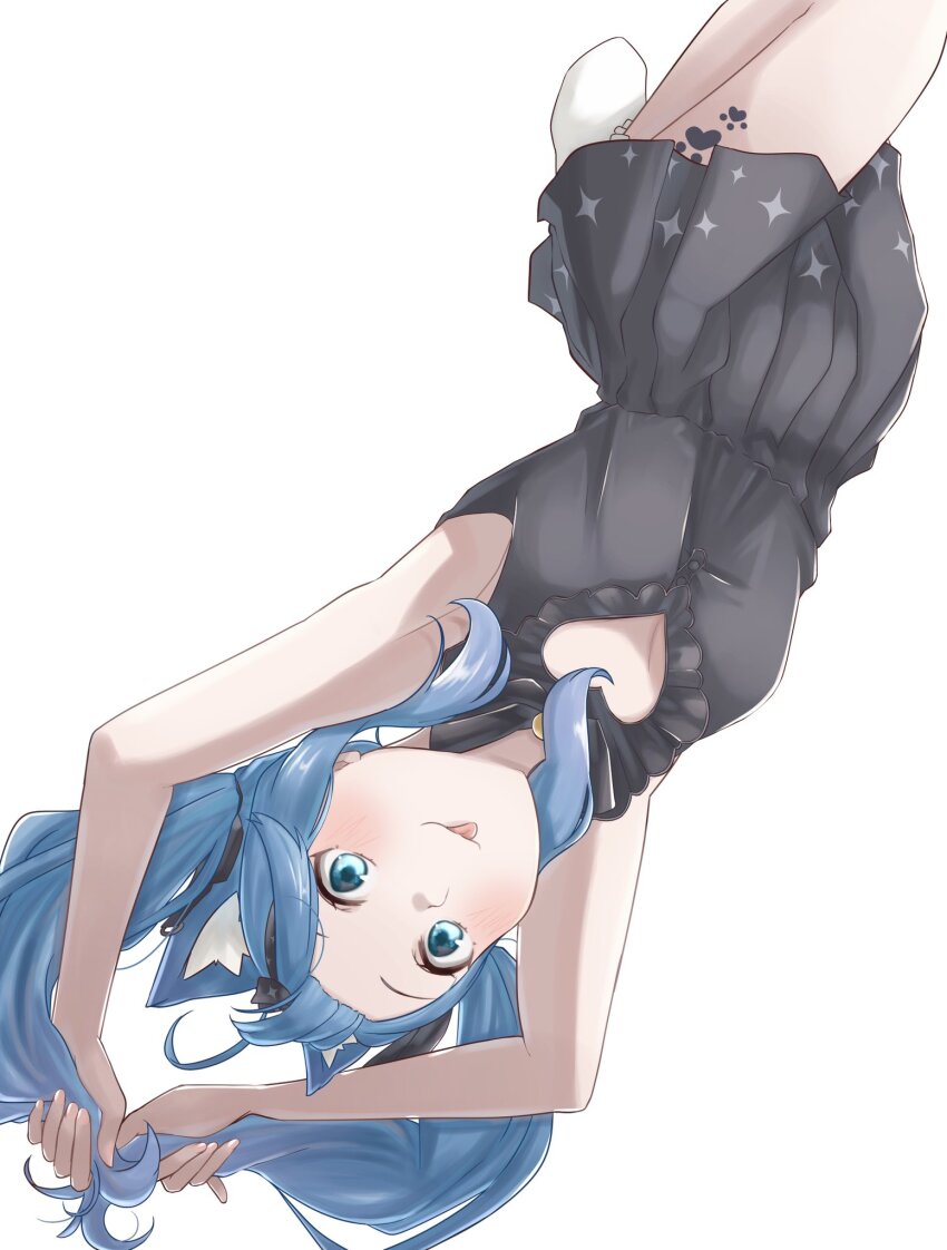 1girl, ahoge, animal_ear_piercing, animal_ears, armpits, black_bow, black_dress, black_hairband, blue_eyes, blue_hair, blush, bow, breasts, cleavage_cutout, closed_mouth, clothing_cutout, collared_dress, commentary_request, dog_ears, dog_girl, dress, earrings, extra_ears, foot_out_of_frame, frilled_shirt_collar, frilled_socks, frills, hair_bow, hairband, highres, jewelry, leg_tattoo, long_hair, looking_at_viewer, lovermoonlight, low_twintails, medium_breasts, nanashi_inc., official_alternate_costume, paw_print, paw_tattoo, simple_background, single_earring, sleeveless, sleeveless_dress, smile, socks, solo, souya_ichika, souya_ichika_(6th_costume), tattoo, tongue, tongue_out, twintails, upside-down, virtual_youtuber, white_background, white_socks