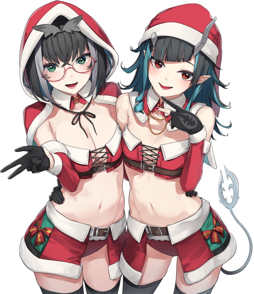 2girls, alternate_costume, atsushima, belt, black_gloves, black_hair, black_ribbon, black_thighhighs