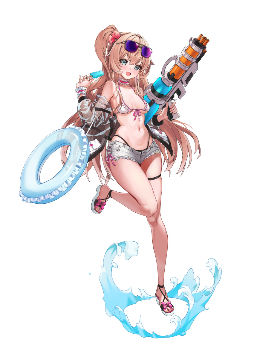 absurdres, anastasia_(brown_dust), bikini, brown_dust_(series), brown_dust_2, eyewear_on_head, food, hairband, highres, holding, holding_food, holding_popsicle, holding_water_gun, inflatable_raft, jacket, long_hair, popsicle, sandals, scrunchie, see-through_clothes, see-through_jacket, short_shorts, shorts, splashing, standing, standing_on_one_leg, sunglasses, swimsuit, water_gun, wrist_scrunchie, yan.c