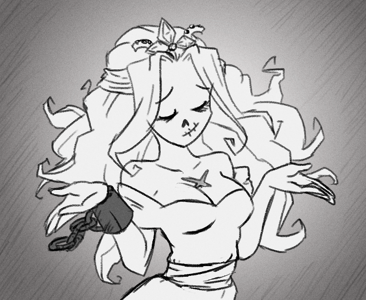 1girl, bare_shoulders, breasts, chain, chain_around_arm, closed_eyes, closed_mouth, commentary, crown, dress, english_commentary, floating_hair, ghost, ghost_girl, greyscale, hands_up, injury, long_hair, looking_at_viewer, medium_breasts, monochrome, off-shoulder_dress, off_shoulder, princess, princess_(slay_the_princess), scar, shrugging, simple_background, slay_the_princess, solo, the_spectre_(slay_the_princess), tiara, upper_body, w_arms, wwwjam