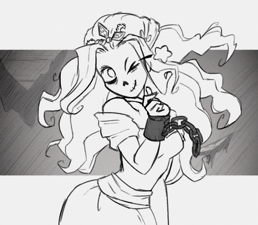 1girl, ;), bare_shoulders, chain, chain_around_arm, closed_mouth, commentary, crown, dress, english_commentary, floating_hair, ghost, ghost_girl, greyscale, long_hair, looking_at_viewer, monochrome, off-shoulder_dress, off_shoulder, one_eye_closed, princess, princess_(slay_the_princess), simple_background, slay_the_princess, smile, solo, the_spectre_(slay_the_princess), tiara, upper_body, wwwjam