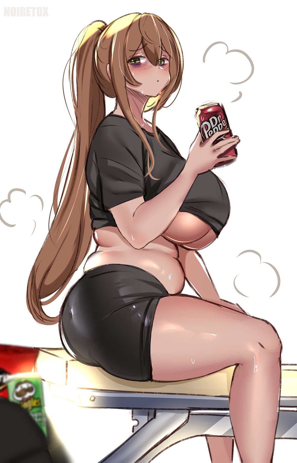 1girl, arm_support, artist_name, bags_under_eyes, blurry, blurry_foreground, blush, breasts, brown_hair, can, closed_mouth, doritos, dot_mouth, dr_pepper, drink, feet_out_of_frame, from_side, furrowed_brow, green_eyes, hair_between_eyes, highres, holding, holding_can, huge_breasts, long_hair, looking_at_viewer, looking_to_the_side, neet_girl_(noiretox), noiretox, original, plump, ponytail, pringles, pringles_can, puff_of_air, shirt, short_sleeves, shorts, sidelocks, simple_background, sitting, solo, straddling, sweat, t-shirt, thick_thighs, thighs, underboob