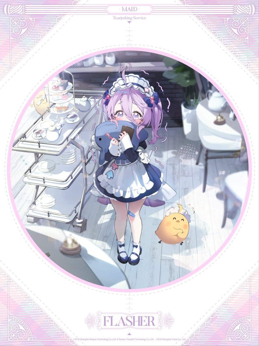 1girl, apron, azur_lane, blue_footwear, commentary, dress, english_commentary, flasher_(azur_lane)