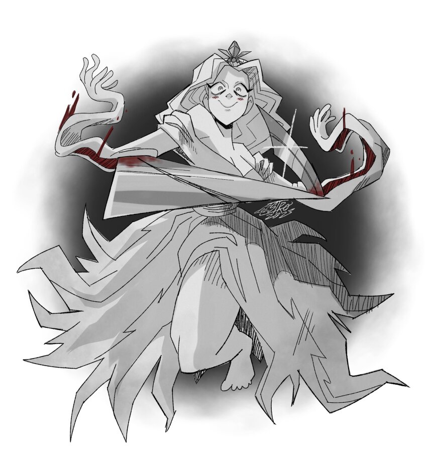 1girl, absurdres, arm_blade, astroinfinite, attack, bare_shoulders, barefoot, blood, bloody_weapon, blush_stickers, breasts, cleavage, closed_mouth, crazy, crazy_eyes, crown, dress, greyscale, highres, incoming_attack, jagged_sword, large_breasts, legs, long_hair, looking_at_viewer, monochrome, off-shoulder_dress, off_shoulder, princess, princess_(slay_the_princess), simple_background, slay_the_princess, smile, solo, sword, the_razor_(slay_the_princess), weapon, wrist_blades