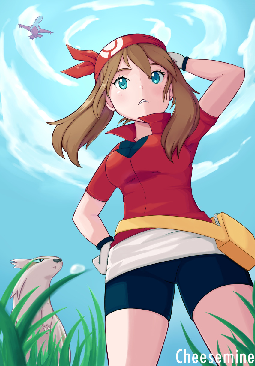 1girl, absurdres, artist_name, bandana, bike_shorts, bike_shorts_under_skirt, blue_eyes, blue_sky, brown_hair, cheesemine, claws, cloud, collared_shirt, gen_3_pokemon, grass, hand_on_own_hip, highres, latias, legendary_pokemon, linoone, may_(pokemon), nintendo, parted_lips, pokemon, pokemon_(creature), pokemon_ruby/sapphire/emerald, red_bandana, shirt, sky, standing