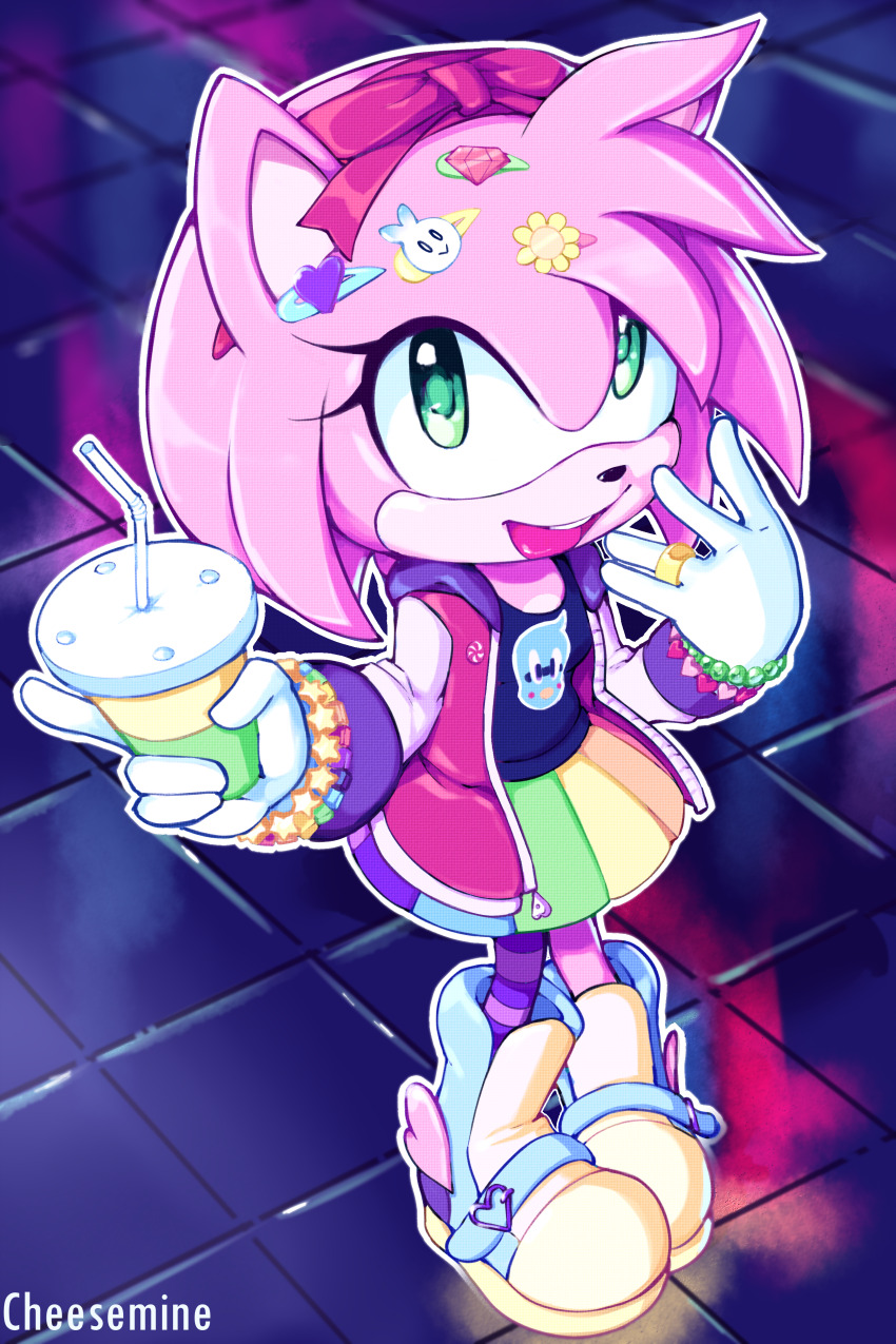 1girl, absurdres, alternate_costume, amy_rose, artist_name, chao_(sonic), character_pin, cheesemine