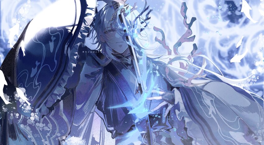 1boy, absurdres, aruna_shuun, backlighting, black_bridal_gauntlets, black_sash, black_shirt, blue_hair