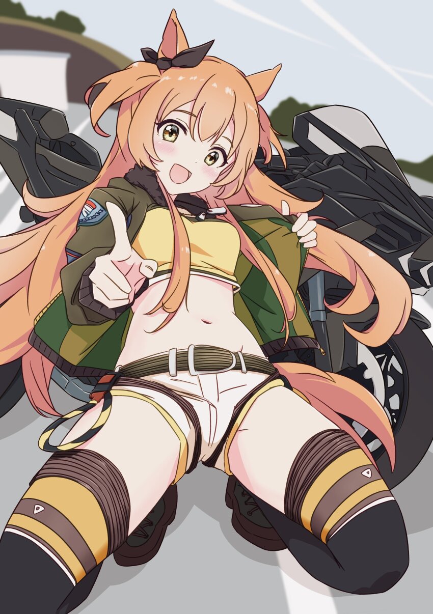 1girl, :d, absurdres, black_thighhighs, bomber_jacket, crop_top, dog_tags, funamori, highres, horse_girl, jacket, long_hair, looking_at_viewer, mayano_top_gun_(scramble_zone)_(umamusume), mayano_top_gun_(umamusume), midriff, motor_vehicle, motorcycle, navel, open_mouth, orange_eyes, orange_hair, pointing, pointing_at_viewer, shoes, short_shorts, shorts, smile, sneakers, solo, thighhighs, two_side_up, umamusume