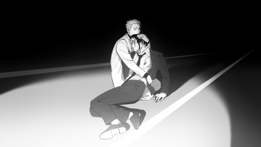 2boys, bleeding, blood, blood_on_clothes, blood_on_face, collared_shirt, commentary_request, fine_art_parody