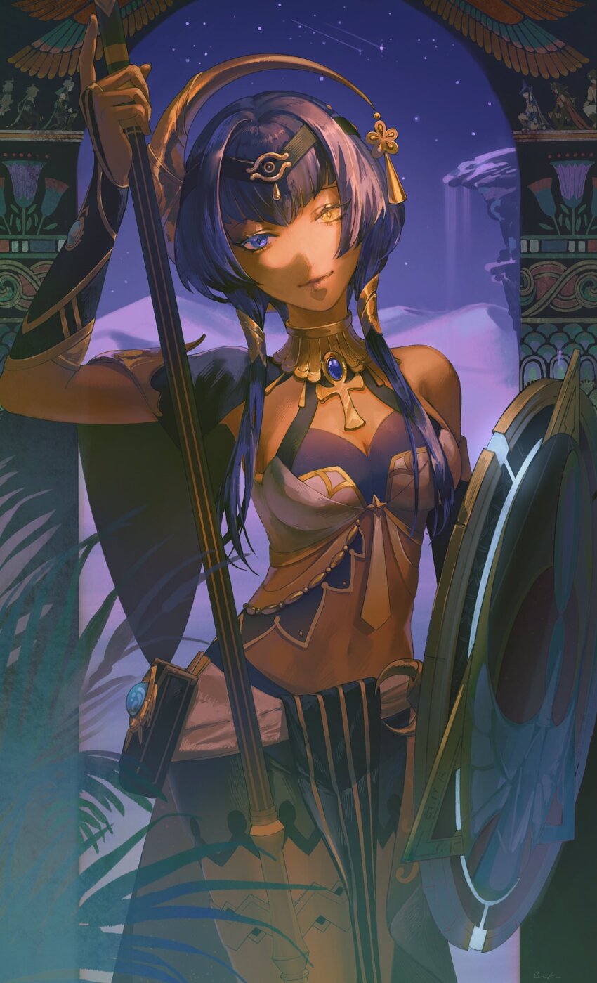 1girl, aether_(genshin_impact), alhaitham_(genshin_impact), ancient_egyptian_clothes, ankh, blue_eyes, blue_hair, breasts