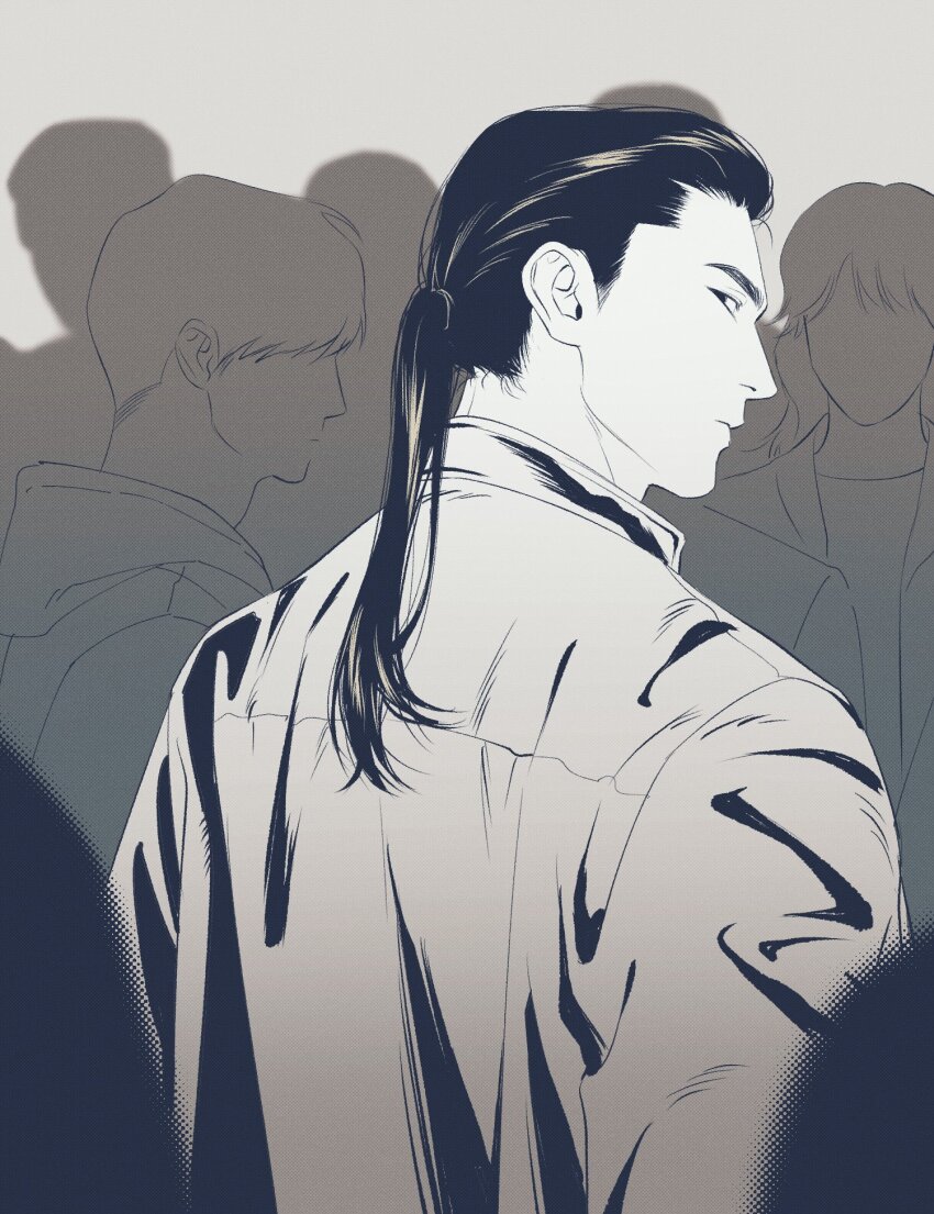 1girl, 2boys, 5others, closed_mouth, commentary_request, expressionless, gin_to_kin, greyscale