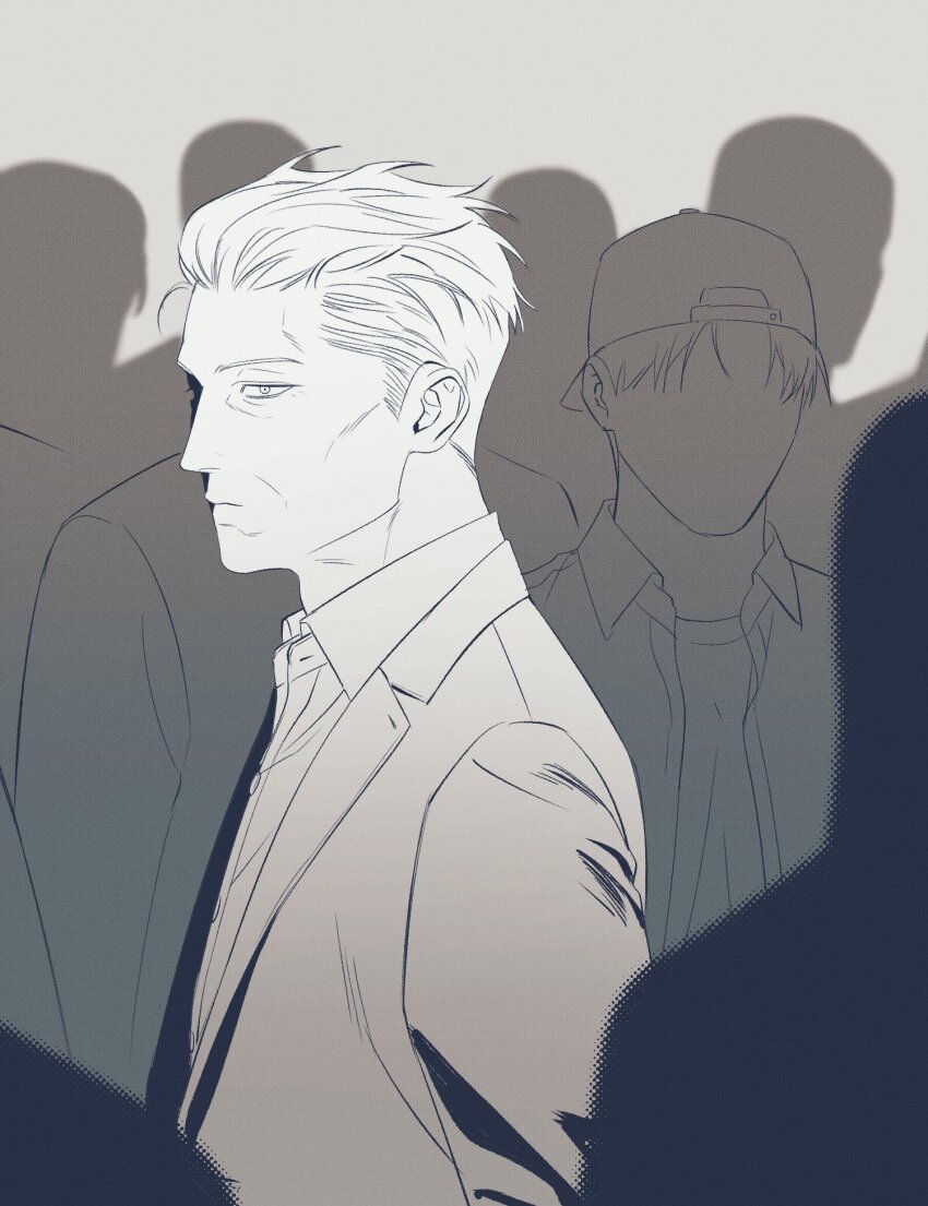 2boys, 6+others, backwards_hat, baseball_cap, blazer, closed_mouth, collared_shirt, commentary_request