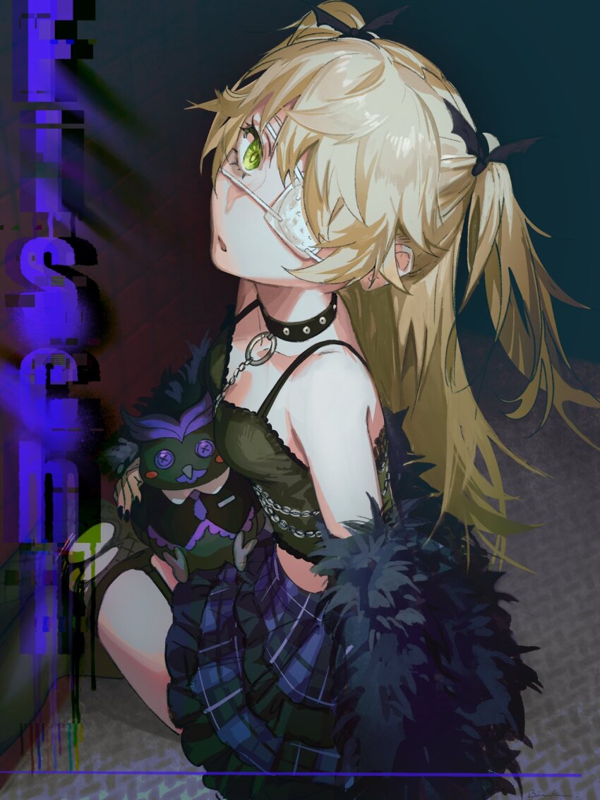 1girl, alternate_costume, bare_shoulders, black_choker, black_ribbon, black_tank_top, blonde_hair, breasts