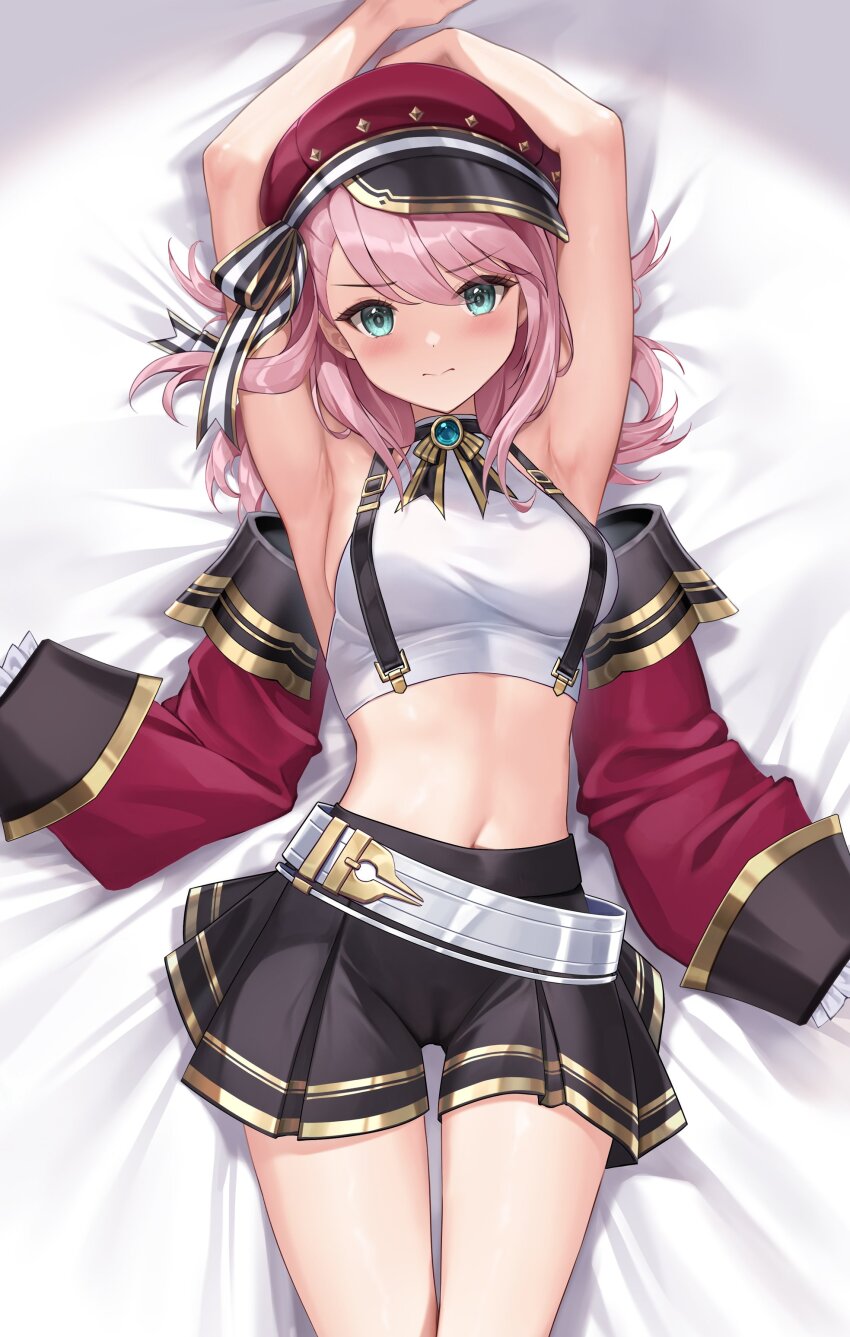 absurdres, adjusting_monocle, armpits, belt, blue_gem, bow, brooch, charlotte_(genshin_impact), commentary, cross-laced_clothes, cross-laced_sleeves, gem, genshin_impact, gold_trim, hat, highres, jewelry, lunacle, monocle, navel, newsboy_cap, red_headwear, red_sleeves, untranslatable_commentary, white_belt