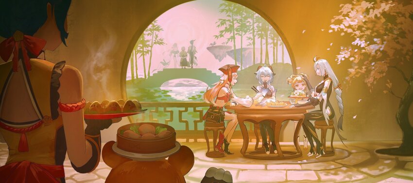 6+girls, antlers, bell, black_bodysuit, black_gloves, blue_hair, bodysuit, boots