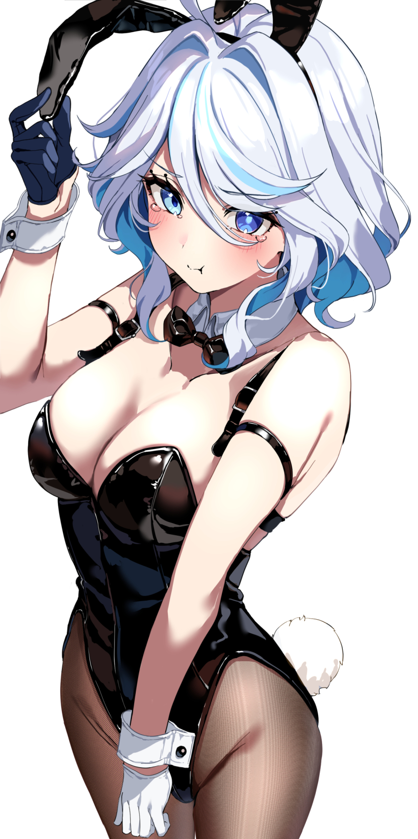 1girl, animal_ears, black_leotard, blue_eyes, blue_hair, blush, bow, bowtie, breasts, brown_pantyhose, commentary, detached_collar, fake_animal_ears, furina_(genshin_impact), genshin_impact, gloves, highleg, highleg_leotard, highres, leotard, light_blue_hair, looking_at_viewer, medium_breasts, multicolored_hair, nao_(naoooo_a), pantyhose, playboy_bunny, pout, rabbit_ears, rabbit_tail, short_hair, solo, streaked_hair, swept_bangs, tail, tearing_up, thighs, white_hair, wrist_cuffs