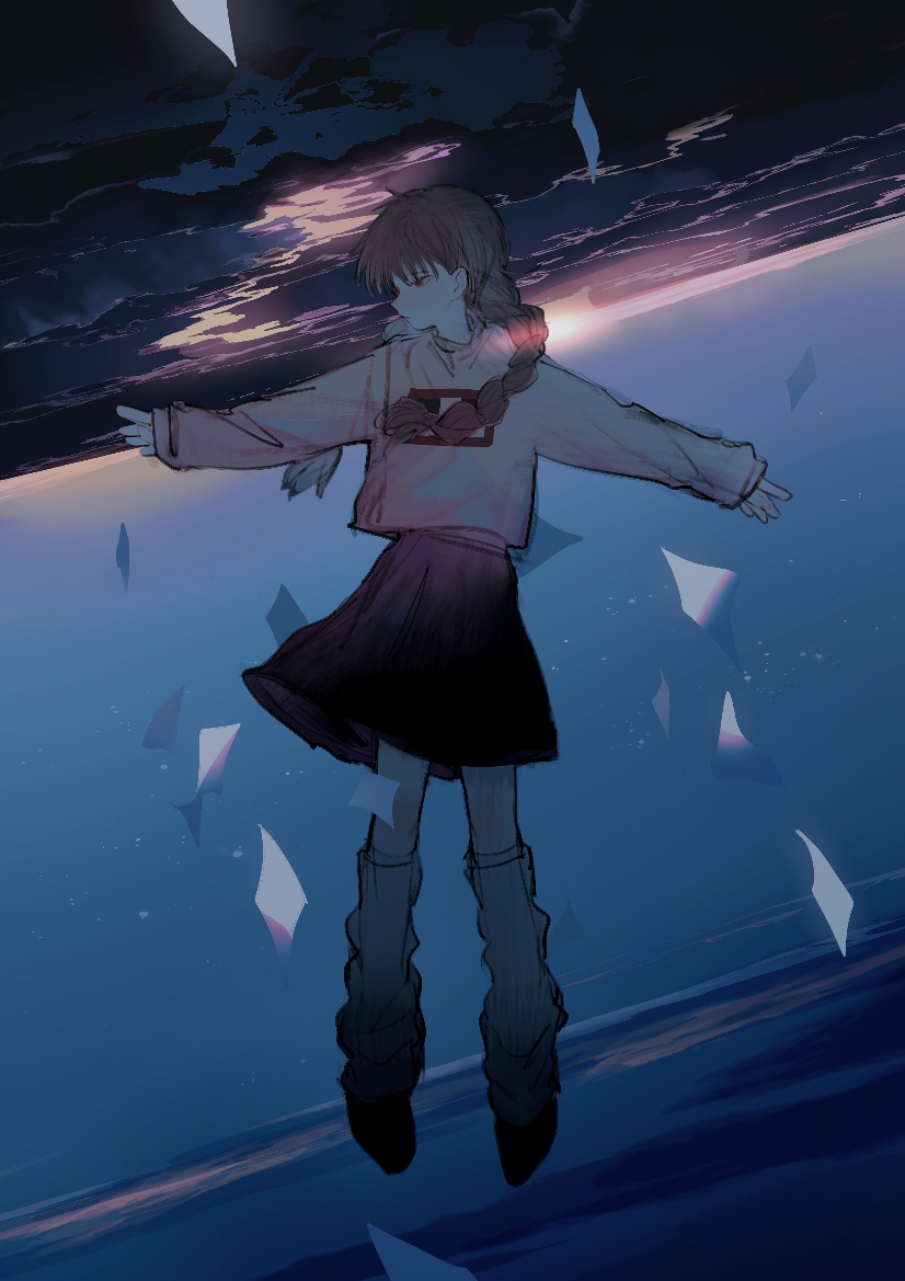 1girl, braid, brown_eyes, brown_hair, closed_mouth, commentary_request, expressionless, falling, full_body, horizon, leg_warmers, long_hair, long_sleeves, looking_to_the_side, low_twin_braids, madotsuki, night, outdoors, outstretched_arms, paper, pink_sweater, print_sweater, profile, purple_skirt, skirt, sleeves_past_wrists, solo, spread_arms, sunrise, sweater, twin_braids, unusually_open_eyes, upside-down, xgshjsgha, yume_nikki