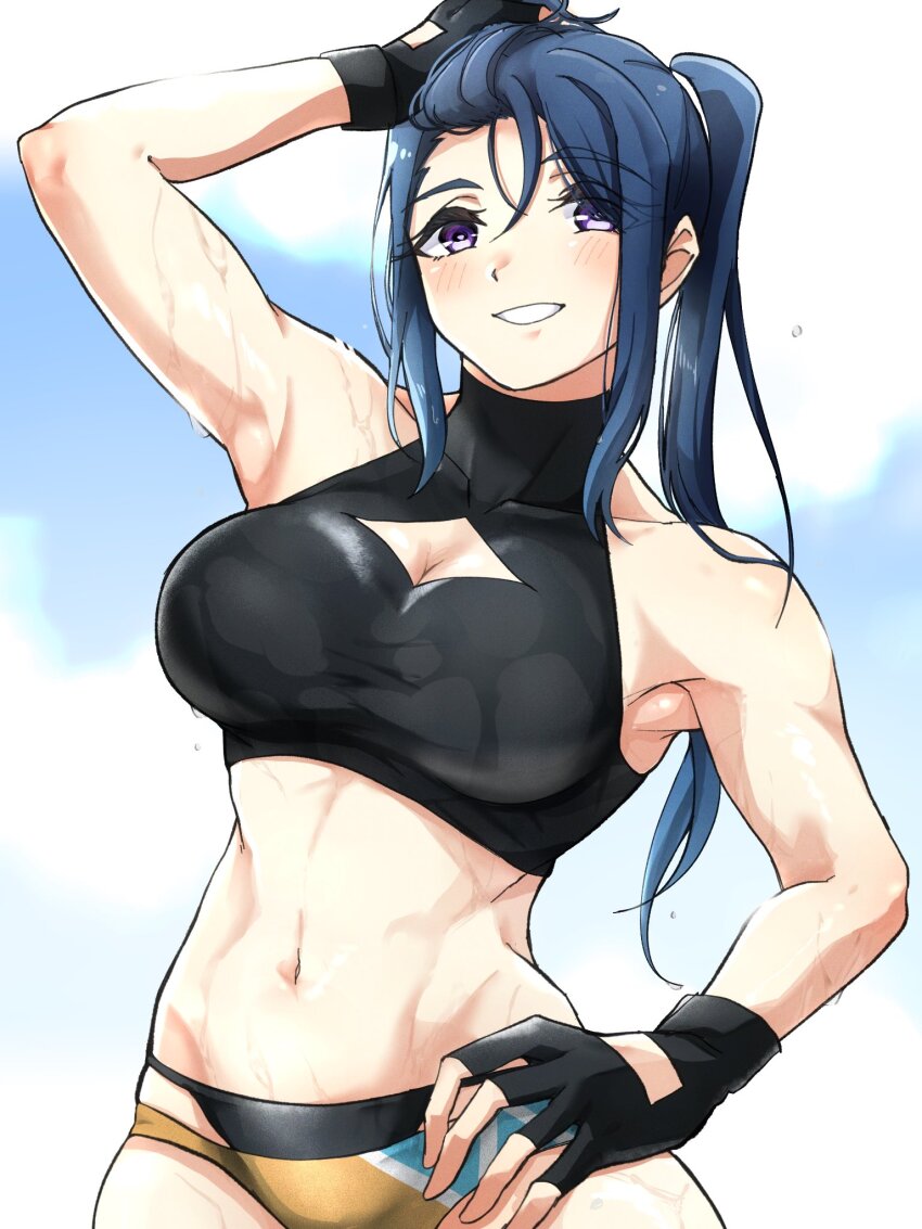 1girl, akira_hjk, bare_shoulders, blue_hair, breasts, cleavage, cleavage_cutout, clothing_cutout, fingerless_gloves, genjitsu_no_yohane, gloves, grin, hand_on_own_head, hand_on_own_hip, highres, kanan_(genjitsu_no_yohane), large_breasts, love_live!, love_live!_sunshine!!, matsuura_kanan, midriff, muscular, muscular_female, navel, ponytail, purple_eyes, simple_background, smile, solo, sweat, tagme