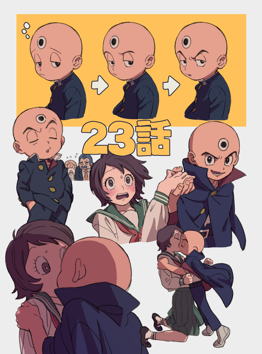 1girl, 3boys, bald, belt, black_footwear, black_jacket, black_pants, brown_eyes