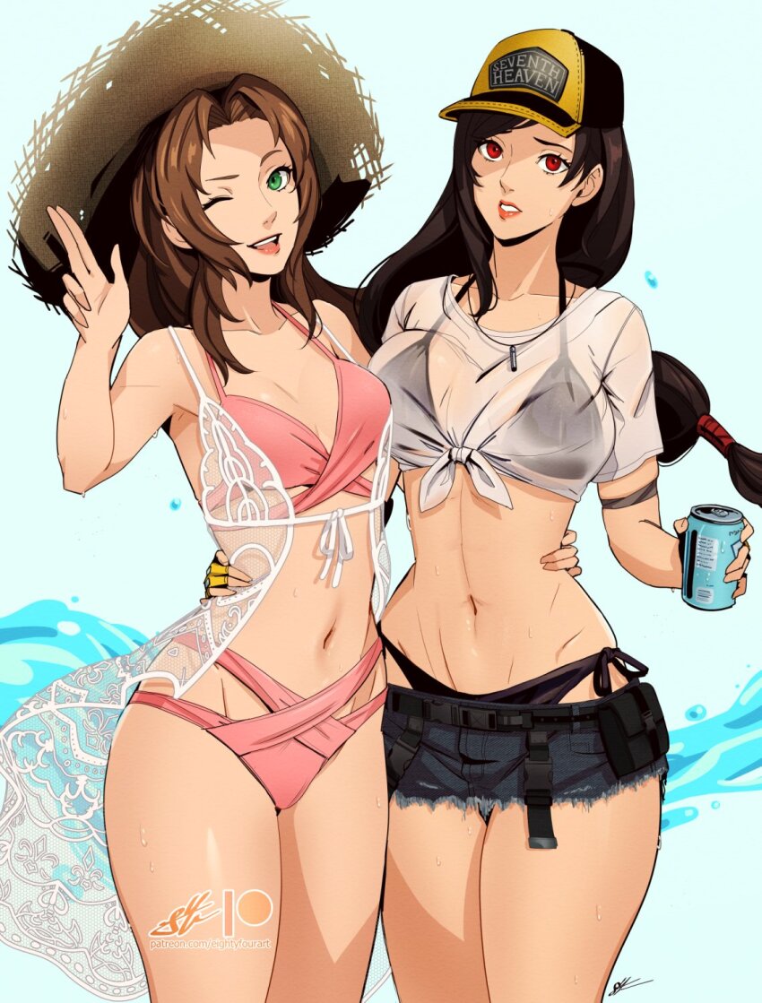 aerith_gainsborough, aerith_gainsborough_(sunny_robe), arm_around_another's_waist, bikini, bikini_under_clothes, black_bikini, black_hair, brown_hair
