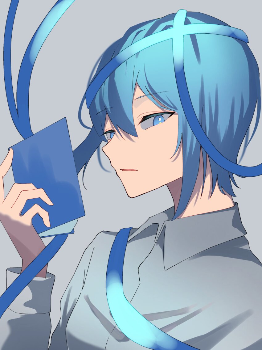 1girl, absurdres, ado_(utaite), blue_eyes, blue_hair, cloud_nine_inc, collared_shirt, dress_shirt