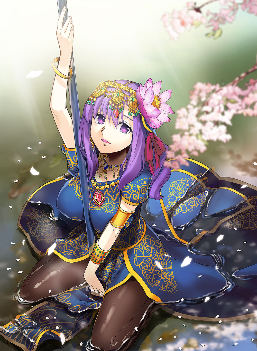 1girl, asian_indian_clothes, blue_dress, bracelet, breasts, brown_pantyhose, cherry_blossoms, circlet