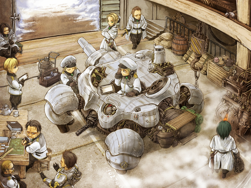 3girls, 6+boys, blonde_hair, cervus, clipboard, furnace, gun, halberd, headphones, machine_gun, mecha, military, military_vehicle, motor_vehicle, mouse_(animal), multiple_boys, multiple_girls, pixiv_steampunk, polearm, robot, steam, steampunk, tank, uniform, vehicle, weapon