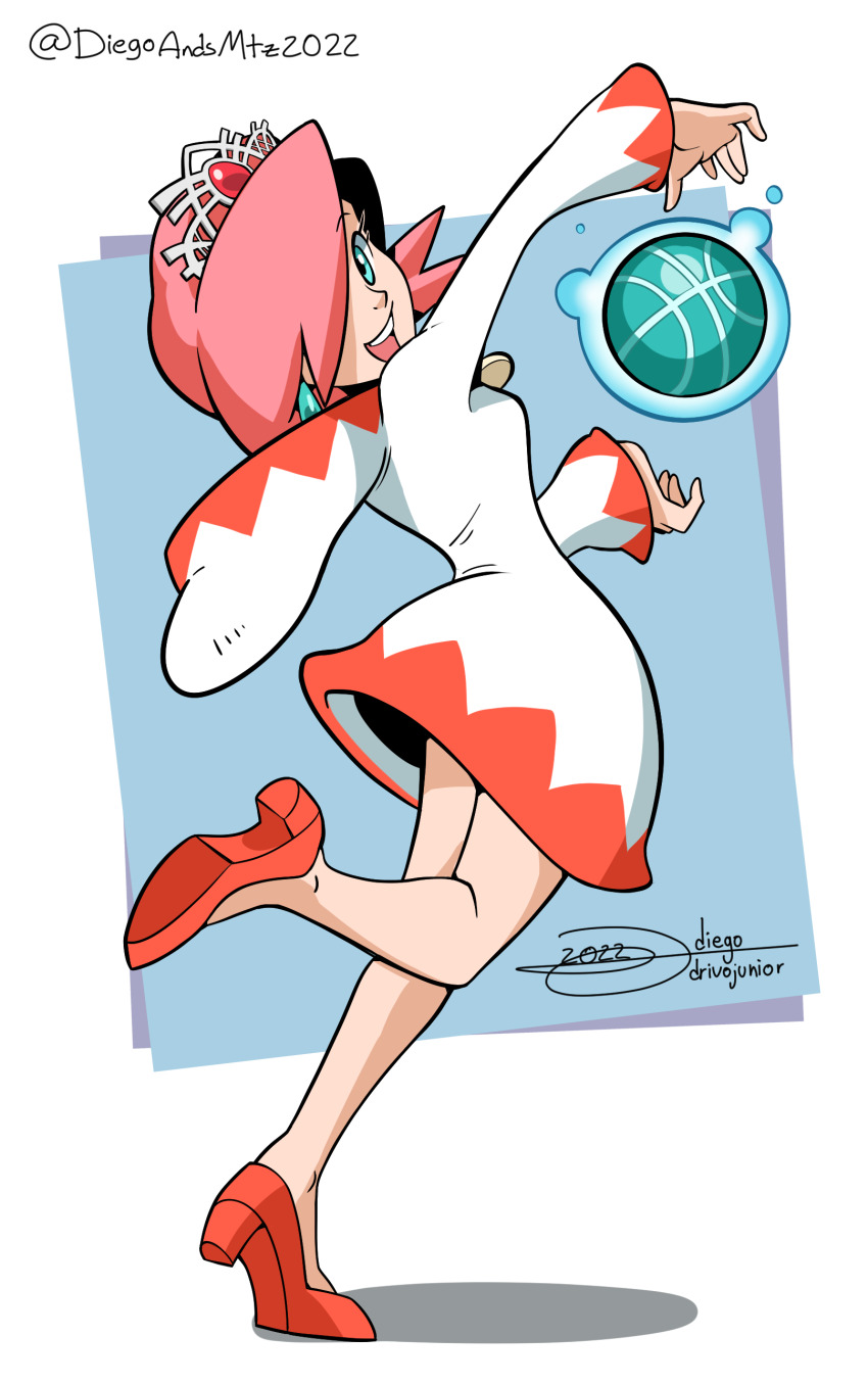 1girl, :d, absurdres, aqua_eyes, artist_name, ball, basketball_(object), blue_background