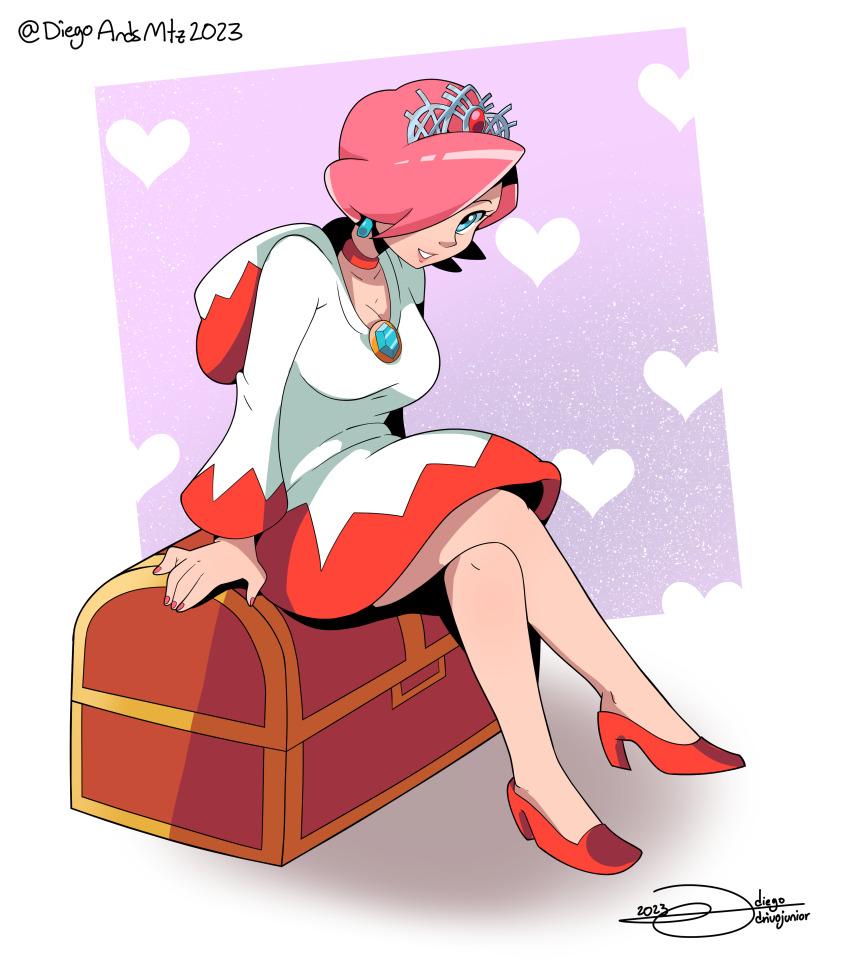 1girl, absurdres, arm_support, artist_name, blue_eyes, blue_gem, breasts, brooch