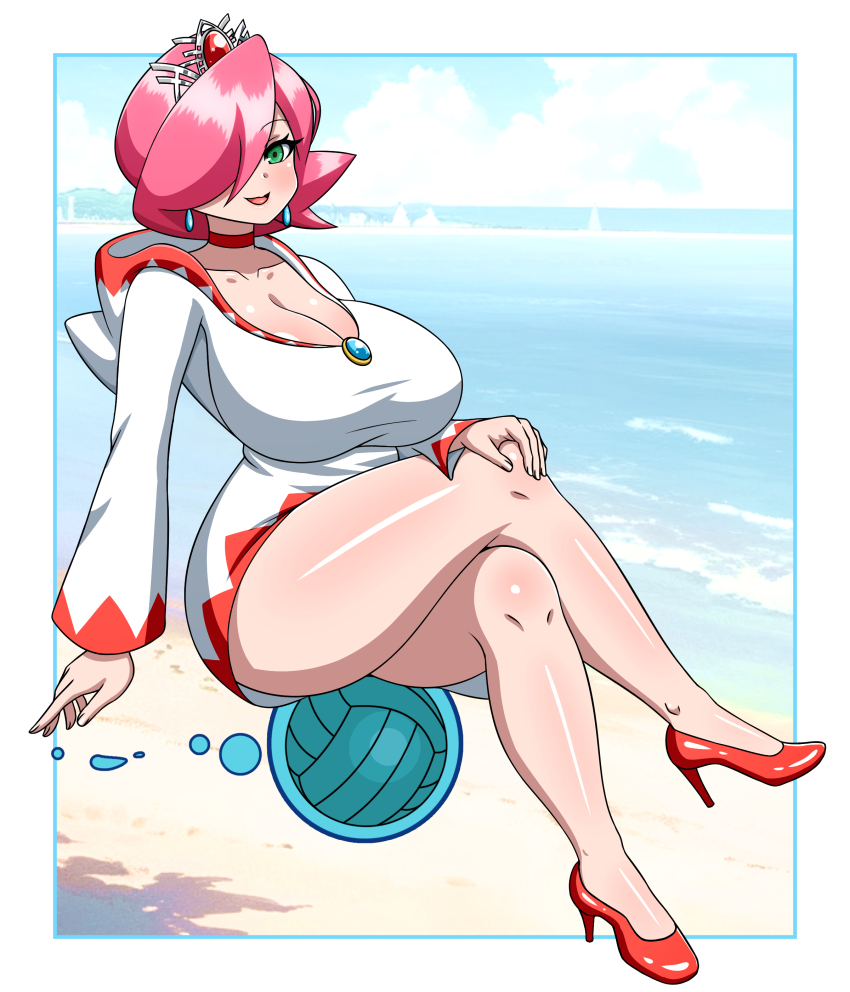 1girl, absurdres, ball, beach, blue_border, blue_gem, border, breasts