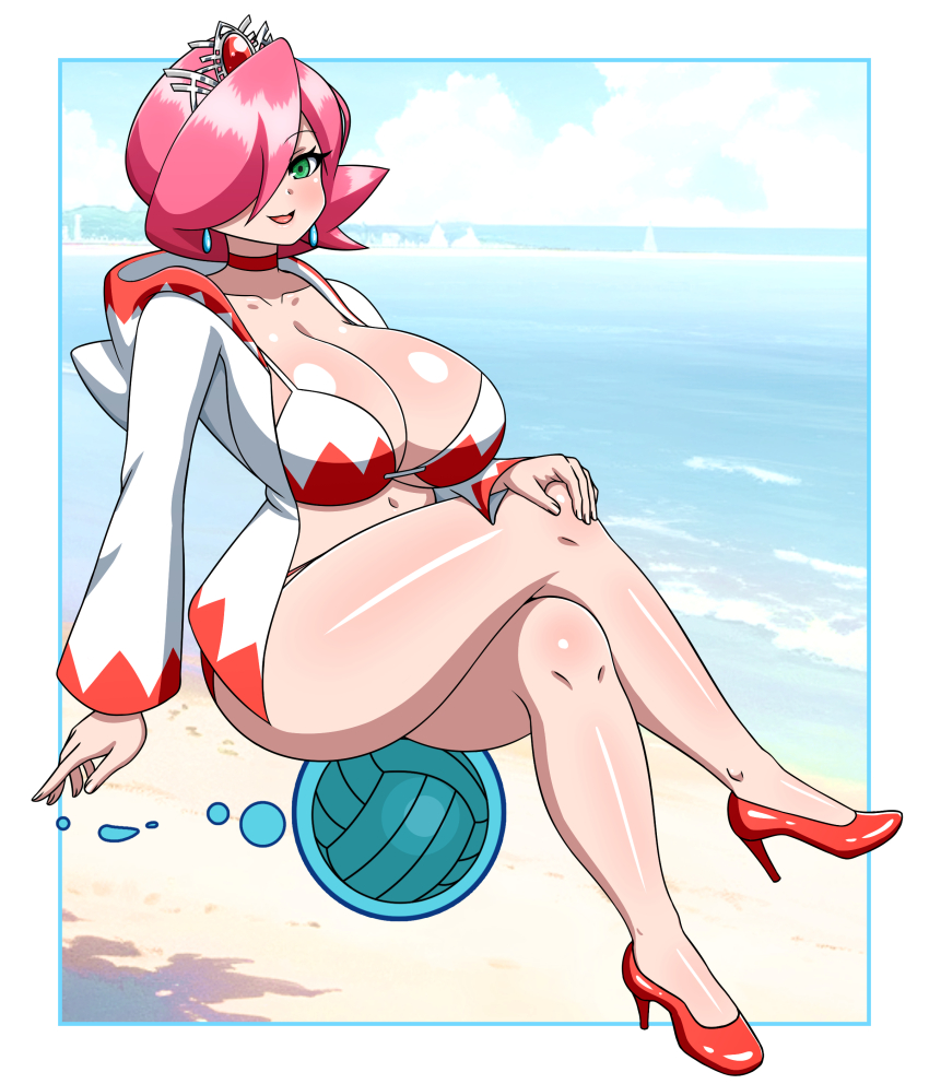 1girl, absurdres, ball, beach, bikini, blue_border, border, breasts