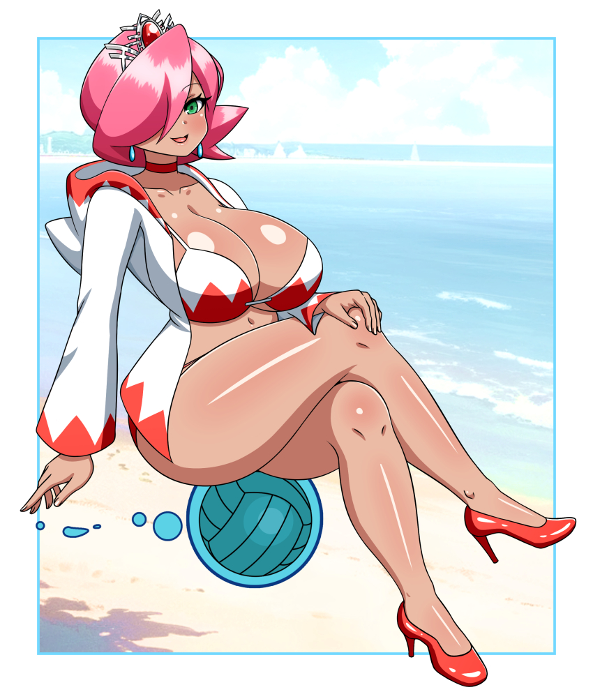1girl, absurdres, ball, beach, bikini, blue_border, border, breasts