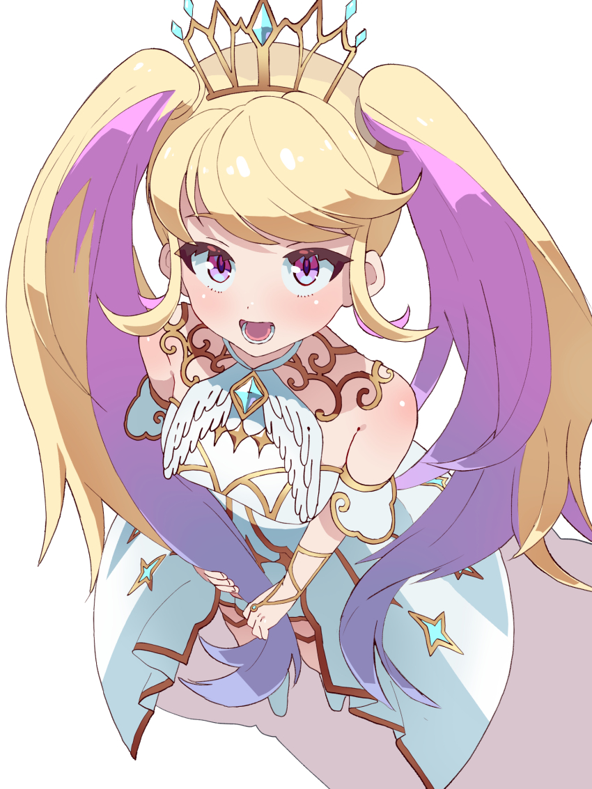 1girl, :d, bare_shoulders, blonde_hair, blush, commentary_request, crown, dress