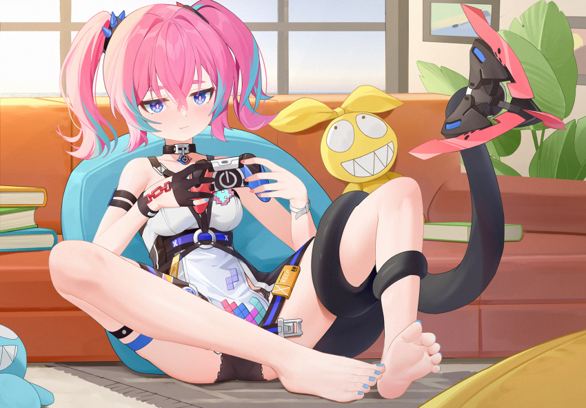 1girl, bare_shoulders, barefoot, black_gloves, blue_eyes, blue_hair, blue_nails, closed_mouth, controller, couch, dress, feet, full_body, game_controller, gloves, hair_between_eyes, highres, holding, holding_controller, holding_game_controller, homu_(honkai_impact), honkai_(series), honkai_impact_3rd, indoors, legs, multicolored_hair, nail_polish, pink_hair, rozaliya_olenyeva, delta_(8-bit_fever)_(honkai_impact), delta_(honkai_impact), single_glove, sitting, soles, solo, streaked_hair, tail, tail_around_own_leg, toenail_polish, toenails, toes, twintails, white_dress, wood_cube