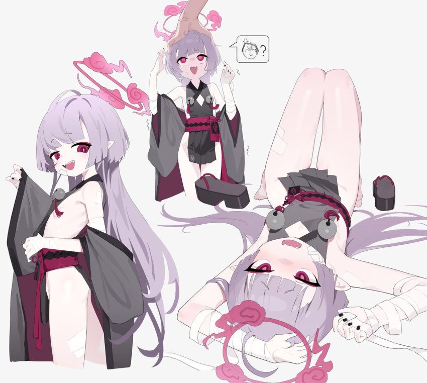 1boy, 1girl, bandaged_arm, bandages, bare_shoulders, bell, black_nails, blue_archive, blush, detached_sleeves, doodle_sensei_(blue_archive), electricline, fingernails, flat_chest, grey_background, grey_hair, grey_sleeves, halo, jingle_bell, loli, long_hair, male_hand, multiple_views, nail_polish, obi, okobo, open_mouth, platform_sandals, pointy_ears, red_eyes, red_halo, sandals, sash, sensei_(blue_archive), shuro_(blue_archive), simple_background, smile, wide_sleeves