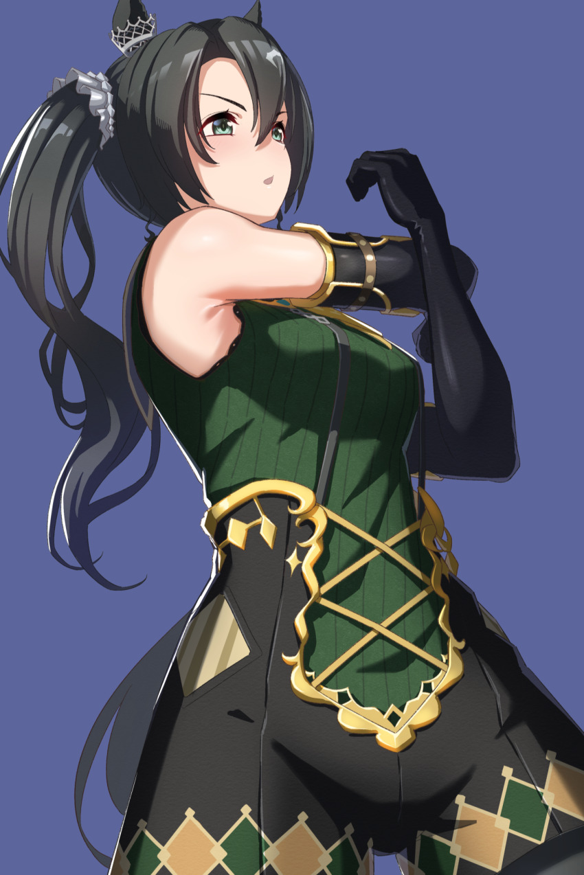 1girl, animal_ears, armpits, blue_background, blush, breasts, commentary_request, detached_sleeves