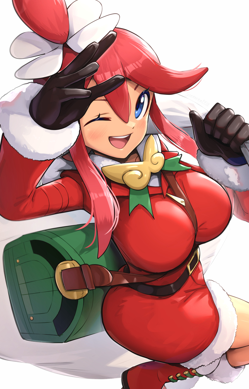 1girl, absurdres, between_breasts, blue_eyes, blush, boots, breasts, christmas