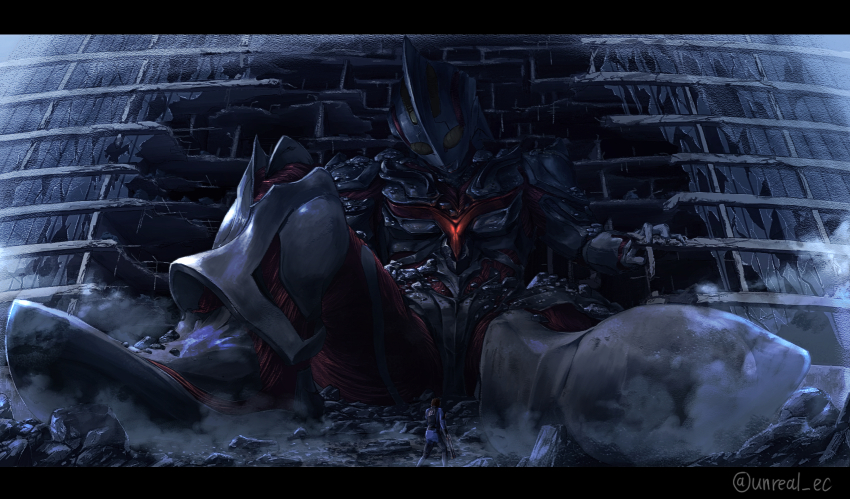 1boy, 1other, alien, ambiguous_gender, armor, broken_glass, building, chest_jewel, debris, defeat, destruction, dust, epic, giant, glass, gun, highres, military, rubble, seijin, signature, superhero_costume, tsuburaya_productions, ultra_series, ultraman_nexus_(series), ultraman_the_next, ultraman_the_next_(movie), ultraman_the_next_junis, unreal_ec, weapon, window, yellow_eyes