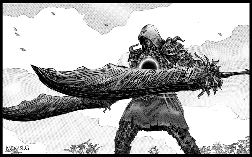 1boy, absurdres, artist_name, black_border, border, dark_souls_(series), dark_souls_iii, dual_wielding