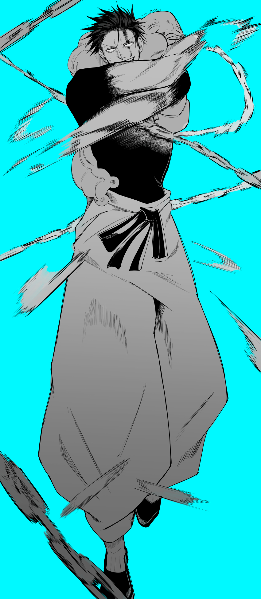 1boy, absurdres, aqua_background, blank_eyes, blood, blood_on_face, chain, full_body, fushiguro_toji, greyscale, greyscale_with_colored_background, highres, holding, inventory_curse_(jujutsu_kaisen), jujutsu_kaisen, looking_at_viewer, male_focus, monochrome, monster, motion_blur, pants, shoes, short_hair, solo, teeth, yofu_(0042_2400)