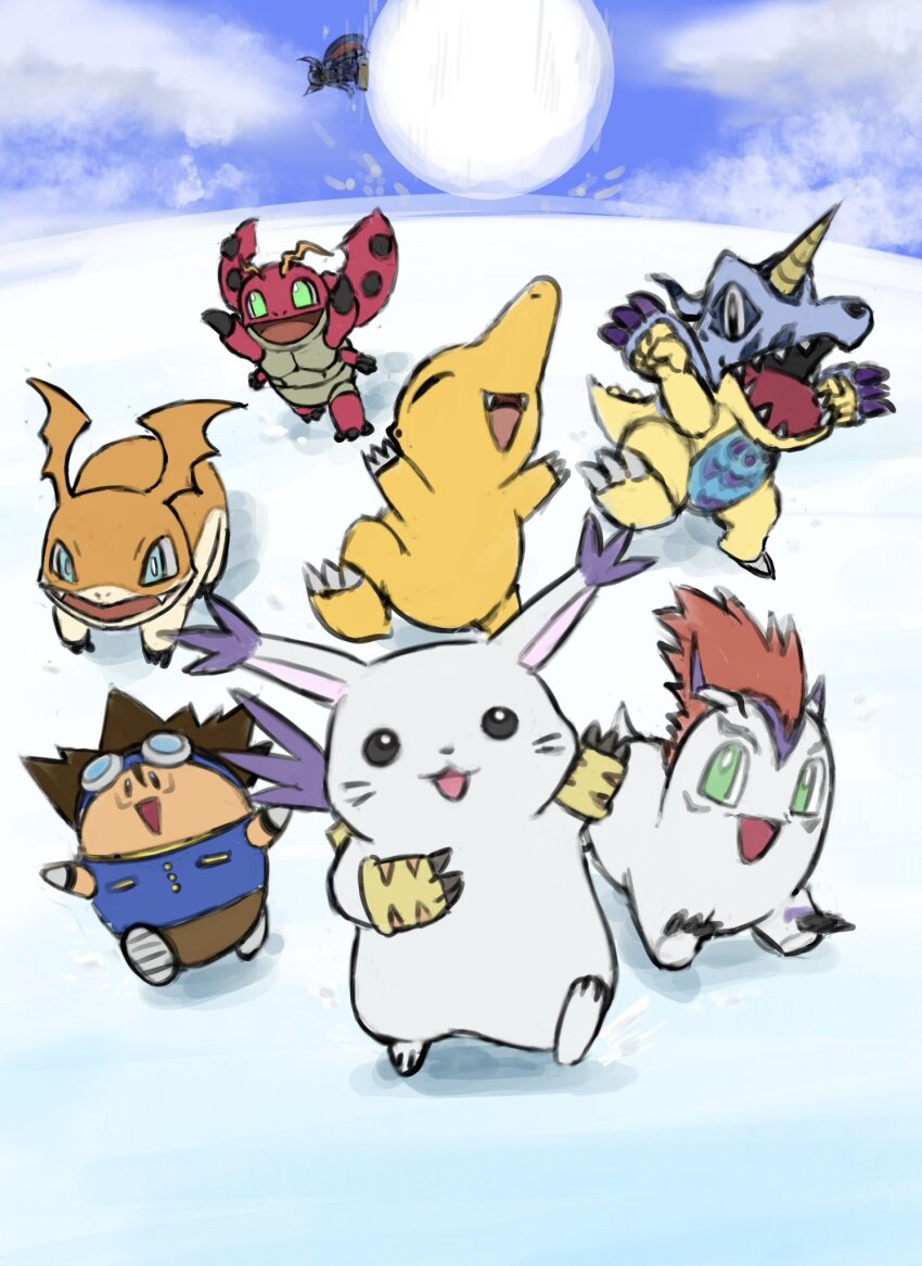 1990s_(style), :3, :d, agumon, arm_up, black_eyes, blastoise, blastoise_(cosplay), blue_background, blue_shirt, chikorita, chikorita_(cosplay), cosplay, crossover, cyndaquil, cyndaquil_(cosplay), digimon, digimon_(creature), digimon_adventure, fangs, gabumon, gen_1_pokemon, gen_2_pokemon, goggles, goggles_on_head, gomamon, green_eyes, highres, horns, looking_at_viewer, mas_square, nintendo, open_mouth, parody, patamon, pikachu, pikachu_(cosplay), pokemon, red_hair, retro_artstyle, sharp_teeth, shirt, single_horn, smile, teeth, tentomon, togepi, trait_connection, white_background, wings, yagami_taichi