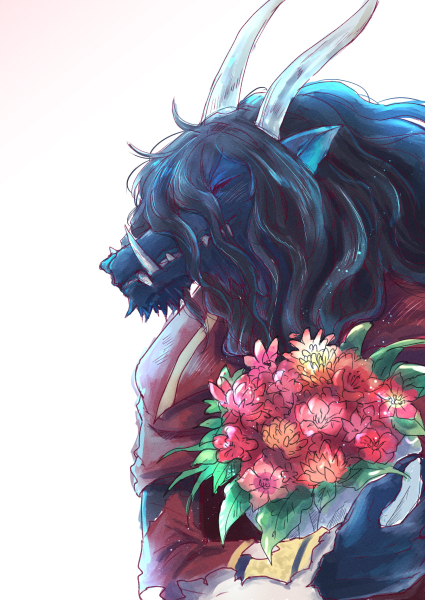 1boy, absurdres, animal_ears, black_hair, bouquet, closed_eyes, commentary_request, dragon_boy