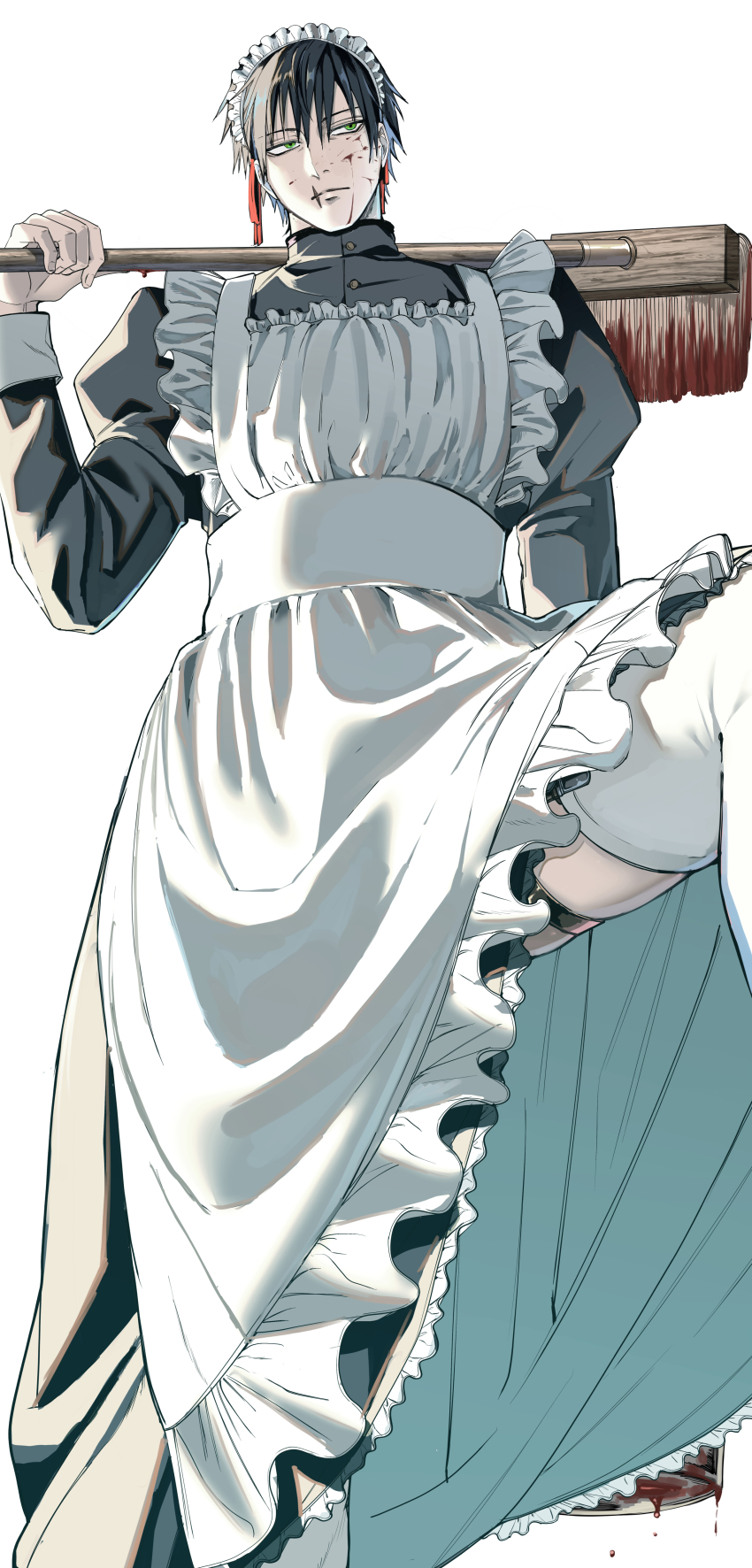 1boy, absurdres, apron, black_dress, black_hair, blood, blood_on_face, crossdressing