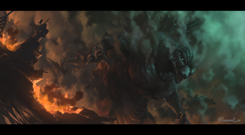 battleship, cannon, claws, cloud, destruction, dinosaur, epic, fire, fog, giant, giant_monster, godzilla, godzilla_(series), godzilla_minus_one, highres, kaiju, military, military_vehicle, monster, naval_artillery, night, no_humans, ocean, open_mouth, sea_monster, sharp_teeth, ship, smoke, spikes, tail, teeth, toho, tongue, unreal_ec, warship, water, watercraft, weapon