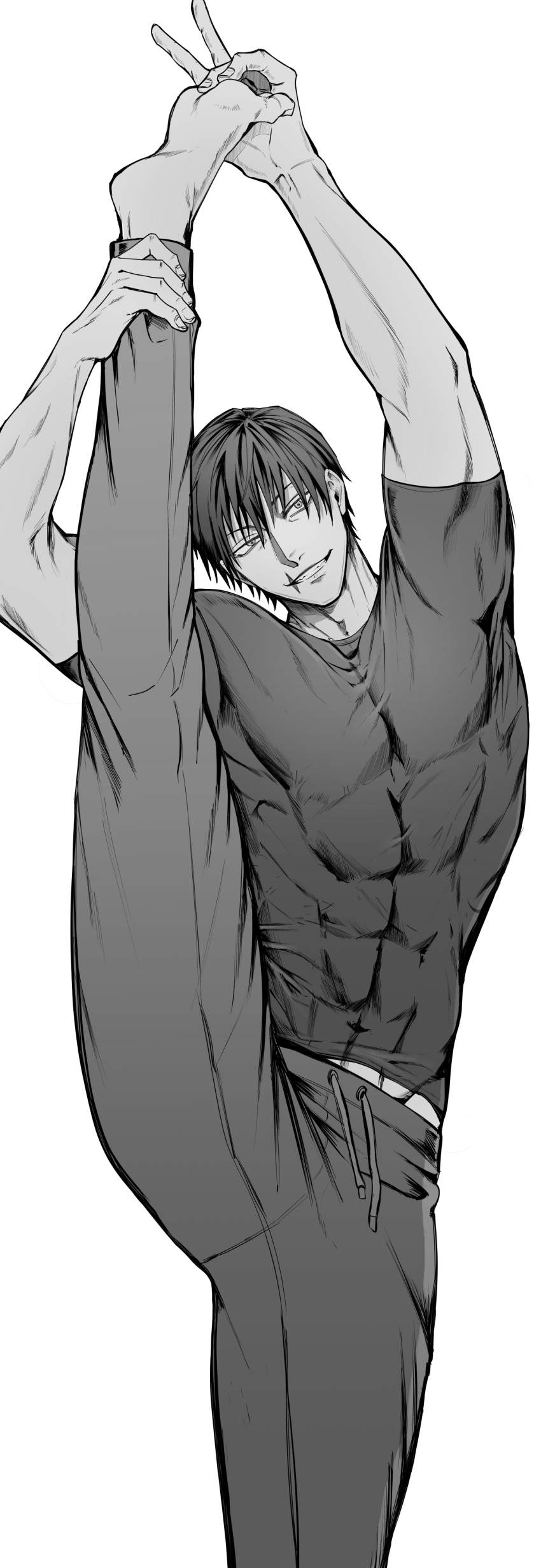 1boy, absurdres, barefoot, covered_abs, fushiguro_toji, greyscale, grin, highres