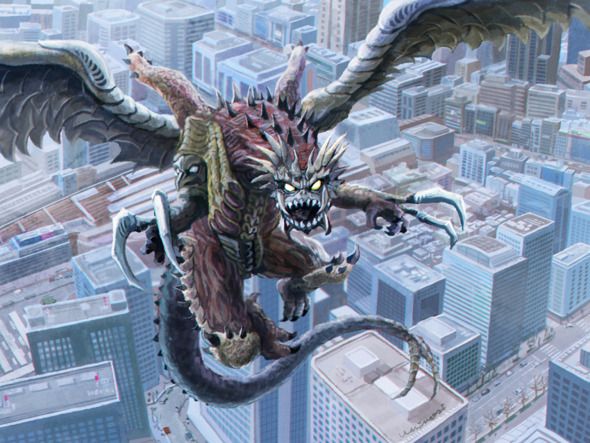 alien, beak, beast_the_one, blue_eyes, building, car, city, claws, conjoined, day, feathers, flying, forked_tail, giant, giant_monster, glowing, glowing_eyes, highres, kaiju, looking_at_viewer, monster, motor_vehicle, multiple_heads, no_pupils, open_mouth, road, sharp_teeth, skyscraper, space_monster, spikes, tail, teeth, tree, tsuburaya_productions, ultra_series, ultraman_nexus_(series), ultraman_the_next_(movie), uninori, wings, yellow_eyes