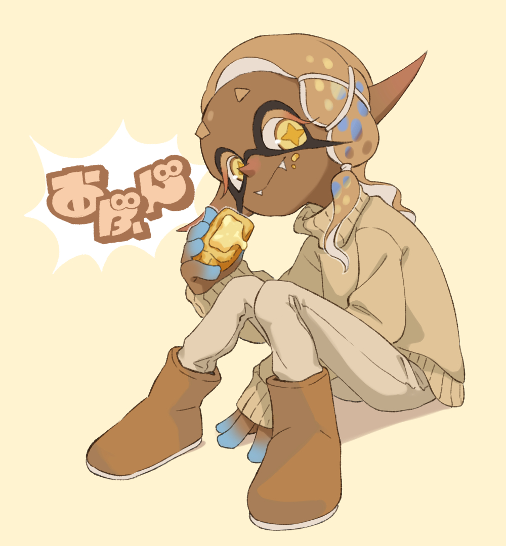 1girl, asymmetrical_hair, blue_hair, blue_skin, boots, brown_boots, closed_mouth, colored_eyelashes