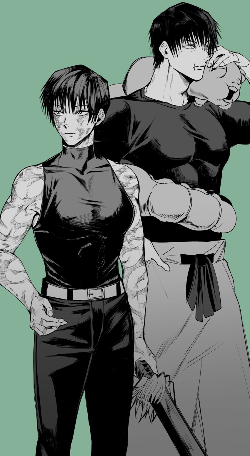 1boy, 1girl, belt, breasts, covered_abs, cowboy_shot, expressionless, fushiguro_toji, green_background, greyscale_with_colored_background, height_difference, highres, holding, holding_sword, holding_weapon, inventory_curse_(jujutsu_kaisen), jujutsu_kaisen, medium_breasts, monster, muscular, muscular_female, muscular_male, pants, scar, scar_on_arm, scar_on_face, short_hair, skin_tight, sleeveless, standing, sword, weapon, worm, yofu_(0042_2400), zen'in_maki, zen'in_maki_(post_shibuya)
