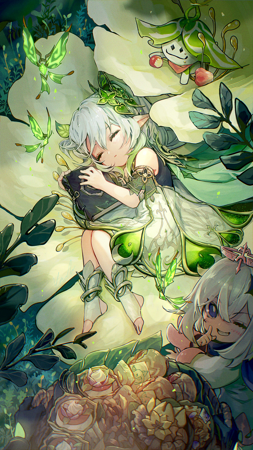 2girls, aranara_(genshin_impact), blue_eyes, crystalfly_(genshin_impact), genshin_impact, highres, multiple_girls, nahida_(genshin_impact)