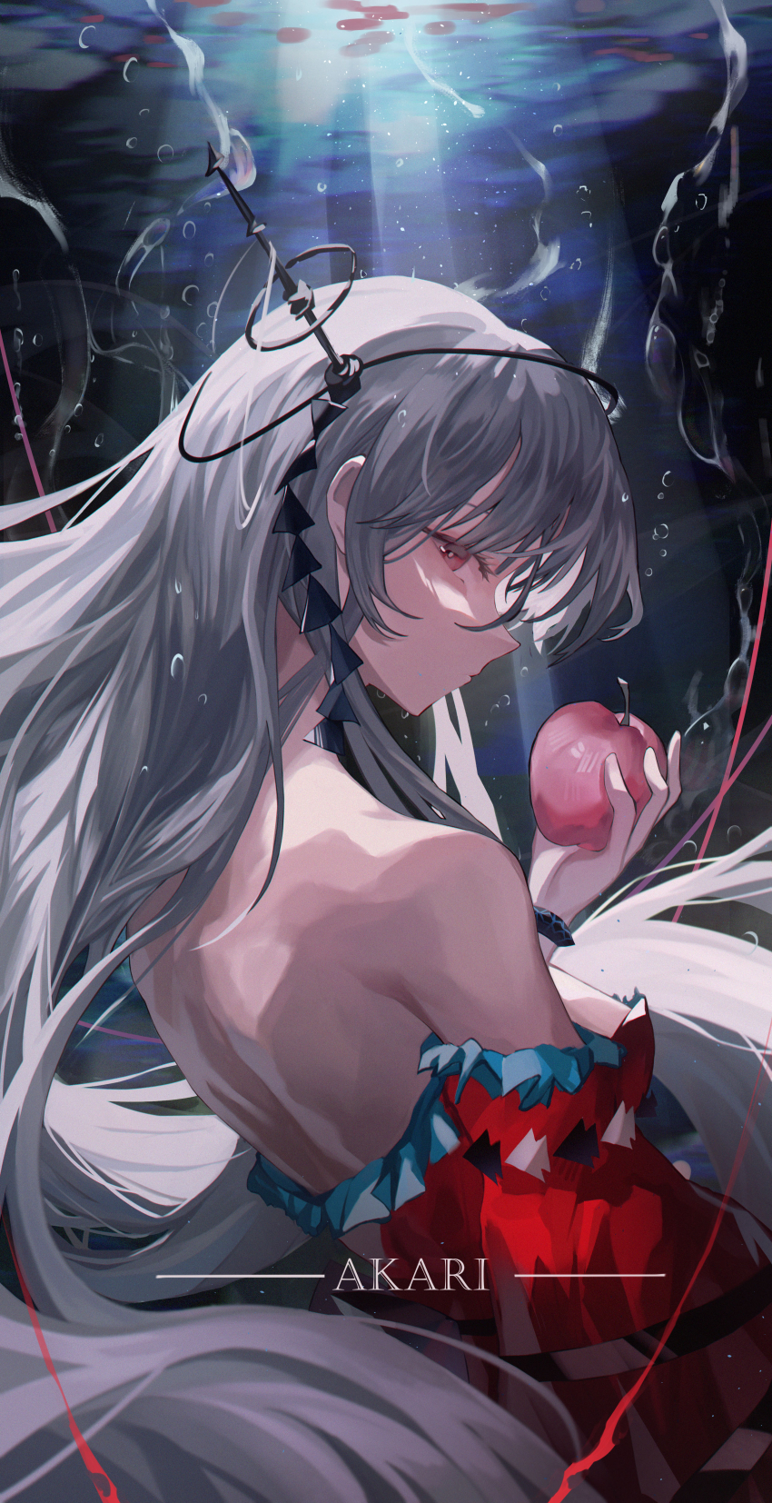 1girl, absurdres, air_bubble, apple, arknights, armpit_crease, back, bare_shoulders